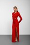 Red Double-Breasted Collared Long Dress with Belt Buckle and Slit - 4
