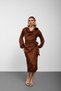 Brown Degaje Collar Tie-Front Floral Detailed Midi Dress