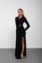 Black Double-Breasted Collar Long Dress with Belt Buckle and Slit - 3