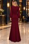 Long Janjan Crepe Evening Dress with Front Ruffle Detail, Burgundy - 2