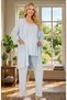 New Season Blue Maternity Summer Scallop Linen Detailed Short Sleeve Buttoned Dressing Gown Pajama Set 3-Piece Set - 3