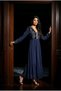 Women's Midnight Blue / Navy Blue Velvet Breasted Stone and Sequin Embroidered Chiffon Maxi Evening Dress / Kaftan Dress