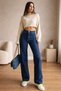 Women's High Waist Dark Blue Loose Fit Palazzo Pants Stretch Fabric Denim Jeans.