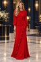 Long Janjan Crepe Evening Dress with Front Ruffle Detail in Red