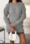 Women's Gray Knitted Crew Neck Oversize Long Sleeve Knitwear Sweater (Length 70 cm)