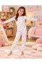 Girl's Heart Patterned Cream Color Long Sleeve Cotton Bottom Top Pajama Set