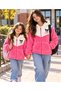 Girl's Pink Ecru Kuromi Printed Plush Cardigan with Hood and Zipper, Kangaroo Pocket, Ages 8-13 - 6