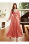 Coral Pink Embellished Tie-Waist Gown - 7
