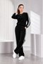 Women's Velvet White Stripe Detailed Long Sleeve Top and Wide Leg Pants Bottom Top Set - 3