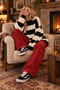 Women's Striped Black-Ecru Oversize Knitwear Sweater 5268