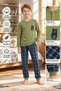 Boy's Pajama Set 100% Cotton Long Sleeve Teddy Bear Printed Plaid Pattern Khaki