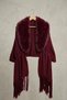 Women's Burgundy Fur Collar Detailed Tasseled Loose Knitwear Shawl Poncho - 2