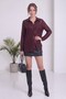Women's Sequined Long Sleeve Shirt with Collar Slit Detail Woven Shirt Burgundy - 6