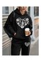 Unisex Black Printed Combed Cotton Tracksuit Set