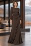 Long Janjan Crepe Evening Dress with Front Ruffle Detail in Brown