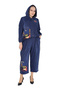 Plus Size Women's Picasso Patterned Eye Appliqué Bead Embroidered Hooded Zippered Cotton Twill Woven 50-52 Size Bottom Top Set - 8