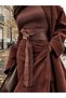 Women's Artisan Patterned Brown Leather Belt with Obi Tie - Asymmetrical Casual Belt - Standard - 2