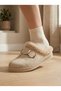 Women's Black Buckle-Strapped Plush Lined House Slippers with Embroidery Detail - 2