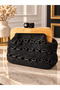 Women's Black Hand-Knitted Wooden Lined Clutch Portfolio Bag - 2