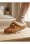 Women's Black Buckle-Strapped Plush Lined House Slippers with Embroidery Detail - 2