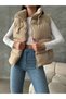 Women's Short Puffer Vest with Zipper Pockets and Lace-Up Detail, Black Vest