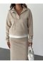 Suede Stand Collar Half-Zip Skirt Suit - 5