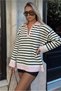 Zipper Collar Striped Pattern Long Sleeve Knitwear Sweater Blouse