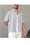 Oversize Thin Striped Short Sleeve Men's Shirt - Hpm - Navy Blue & White - 2
