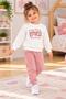 Girl's Ecru Pink Heart Patterned Sweatshirt and Jogger Sweatpants 2-Piece Set