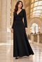 Women's Long Sleeve Heart Neckline Waist Cinched Deep Slit Long Janjan Crepe Dress - Feminine Posture and Eye-Catching Elegance - 2