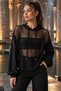 Women S Long Sleeve Hooded Mesh Detailed Sheer Blouse - Modern and Statement-Making Streetwear