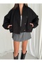 Checked Double-Breasted Collar Buttoned Bomber Jacket