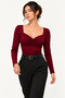 Women's Black Heart Collar Front Gathered Long Sleeve Slim Fit Blouse - 6