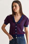 Women's Navy Blue-Claret Red Wide Polo Collar Striped Short Sleeve Buttoned Knitwear Cardigan 5355 60286713 - 4
