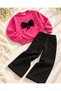 Girl's Pink Color Pearl Bow Appliqué Detail Tracksuit Set - 3