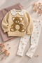 Girl's Teddy Bear Embroidered Baby Collar Knitwear Sweatshirt and Floral Patterned Leggings 2-Piece Set - 2
