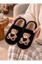 Women's Black Teddy Bear Embroidered Plush Furry Comfortable House Slippers - 2