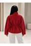 Red Suede Stand Collar Belted Drawstring Leather Jacket - 4