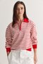 Women's Ecru-Red Striped Polo Collar Half-Zip Oversize Sweatshirt 36075 60286740