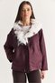 Women's Plum-Colored Jacket with Fur Collar, Buttoned Design, Pocket Details, and Drawstring Hem 7071 60286679 - 2