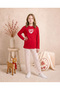 Girls & Teenagers Winter Seasonal Cotton Single Jersey Love Heart Heart Printed Straight Leg Long Sleeve Pajama Set Red