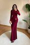 Women's Burgundy Crew Neck Sandy Fabric Long Evening Dress with Waist Buckle and Draped Detail, Graduation Dress - 3