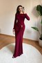 Women's Burgundy Crew Neck Sandy Fabric Long Evening Dress with Waist Buckle and Draped Detail, Graduation Dress