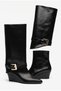 Women's Black Wedge Heeled Boots with Gold Buckle Detail and Pointed Toe Leather Boots - 2