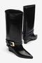 Women's Black Wedge Heeled Boots with Gold Buckle Detail and Pointed Toe Leather Boots - 5