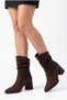 Women's Thick Heel, Pointed Toe, Dark Brown Suede Zip-Up Boots with Gusseted Design - 5