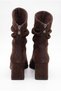 Women's Thick Heel, Pointed Toe, Dark Brown Suede Zip-Up Boots with Gusseted Design - 7
