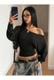 Black Bat Sleeve Asymmetrical Neckline Off-Shoulder Crop Blouse - 6