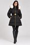 Women's Black Fur-Detail Hooded Puffy Coat - Waist-Strapped Zippered Waterproof Winter Coat