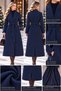 Women's Belted, Pocketed, Slit, Lined, Cashmere Navy Blue Coat - 4